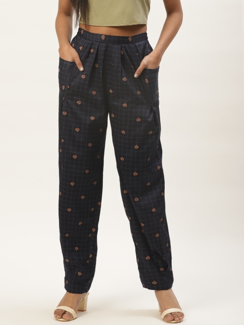 

HAIL WOMEN Women Navy Blue & Olive Green Regular Fit Checked Regular Trousers