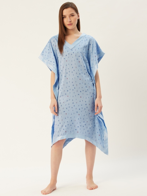 

HAIL WOMEN Blue Printed Pure Cotton Kaftan Nightdress