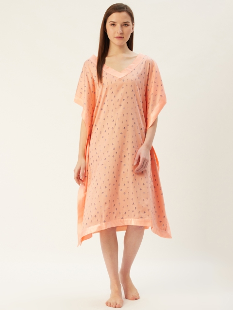 

HAIL WOMEN Peach-Coloured & Navy Blue Printed Pure Cotton Kaftan Nightdress
