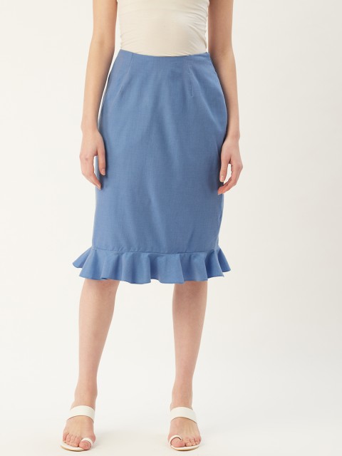 

HAIL WOMEN Women Blue Solid Pencil Knee-Length Ruffled Bottom Skirt