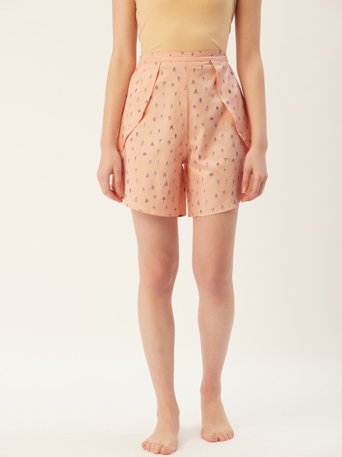 

HAIL WOMEN Women Peach-Coloured & Navy Blue Quirky Printed Lounge Shorts