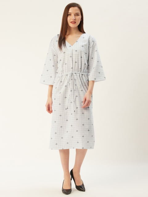 

HAIL WOMEN Women White & Blue Cotton Checked A-Line Dress