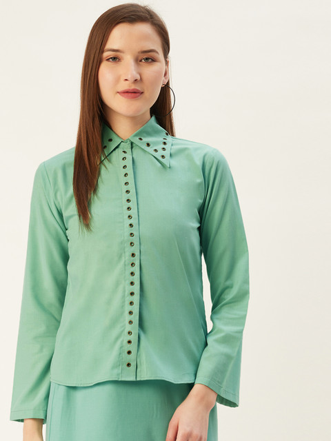 

HAIL WOMEN Women Green Regular Fit Pure Cotton Solid Casual Shirt