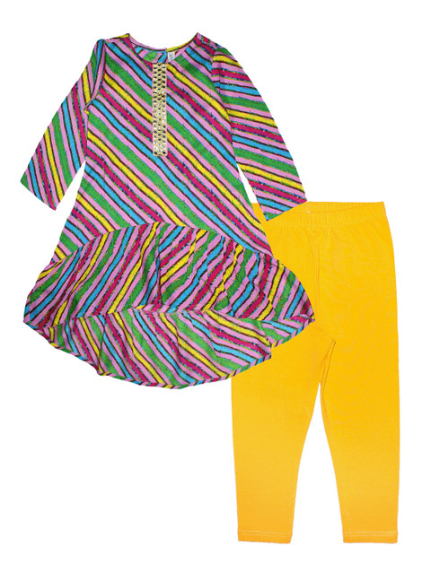 

KiddoPanti Girls Pink & Yellow Striped Kurta with Salwar