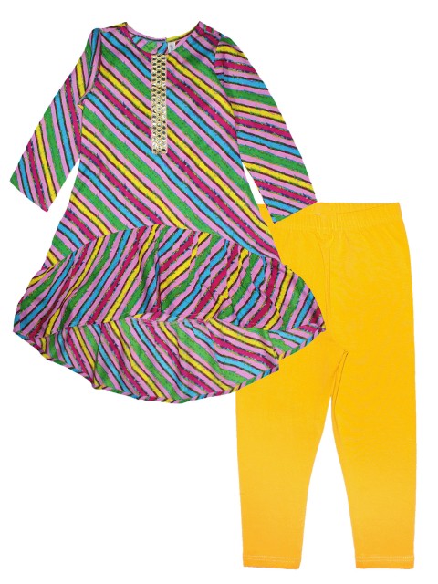 

KiddoPanti Girls Pink & Yellow Striped Kurti with Salwar