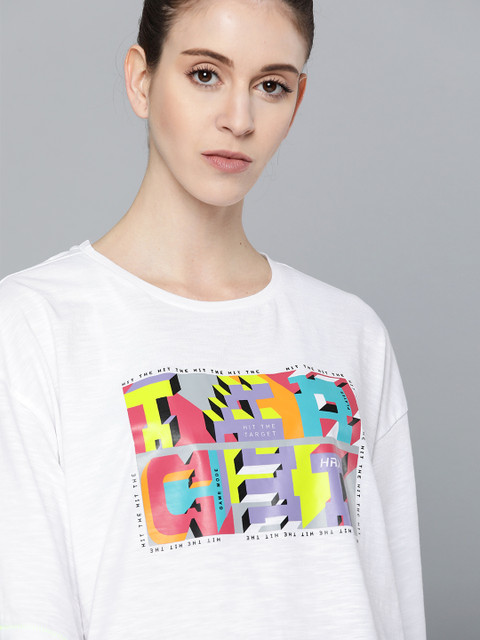 

HRX by Hrithik Roshan Women White & Lavender Typography Print Boxy Fit Round Neck T-shirt