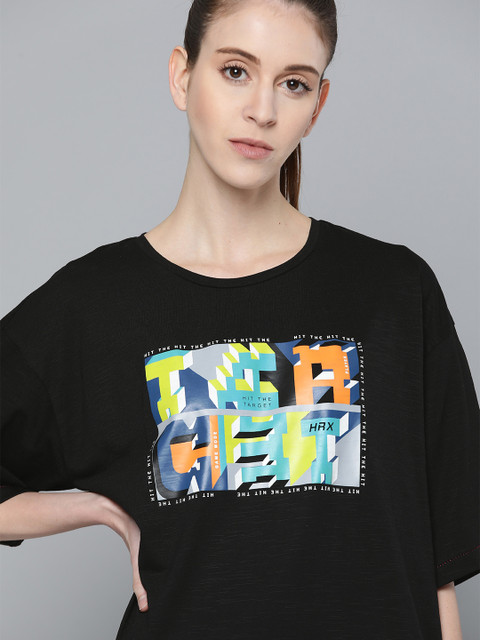 

HRX by Hrithik Roshan Women Black & Green Typography Print Boxy Fit Round Neck T-shirt