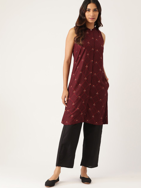 

House of Pataudi Maroon Ethnic Motifs Ethnic A-Line Kurta