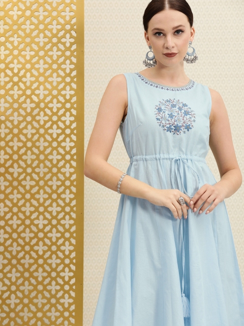 

House of Pataudi Women Blue Embroidered Fit and Flare Dress