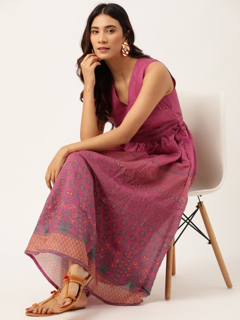 

House of Pataudi Pink & Green Ethnic Motifs Printed Maxi Rozana Dress