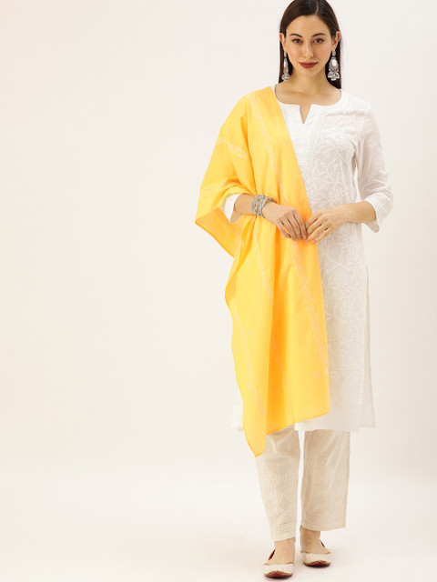 

House of Pataudi Yellow & White Authentic Hand Embroidered Chikankari Dupatta