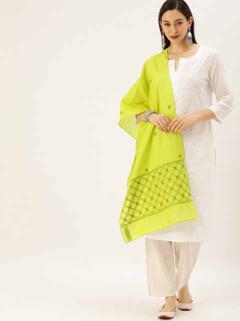 

House of Pataudi Green Authentic Hand Embroidered Chikankari Dupatta