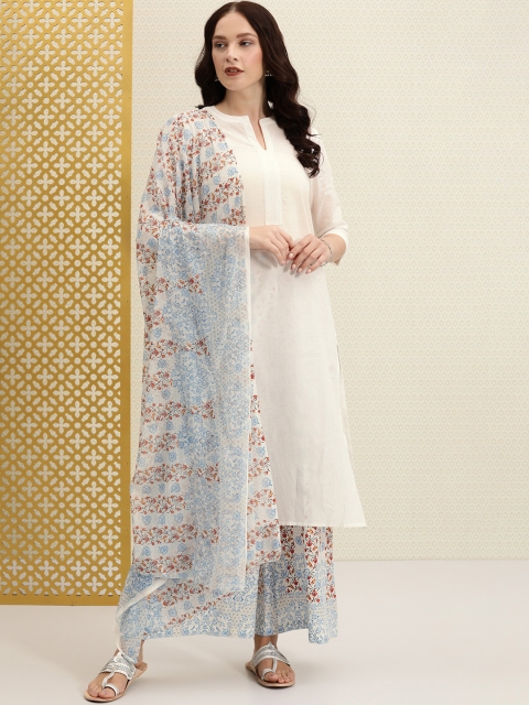 

House of Pataudi Women White & Blue Solid Kurta with Palazzos & Dupatta