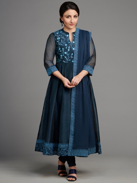 

House of Pataudi Women Navy Blue Yoke Embroidered Kurta with Churidar & Dupatta