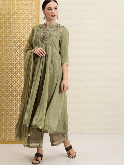 

House of Pataudi Women Olive Green & Golden Printed Anarkali Kurta with Palazzos & Dupatta