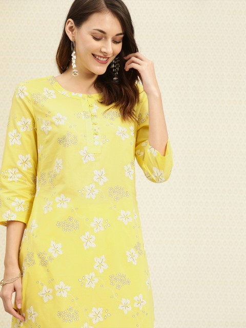 

House of Pataudi Women Yellow & White Printed Kurta with Trousers
