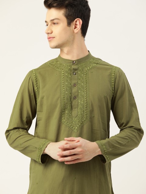 

House of Pataudi Men Olive Green Floral Embroidered Chikankari Pure Cotton Kurta with Salwar