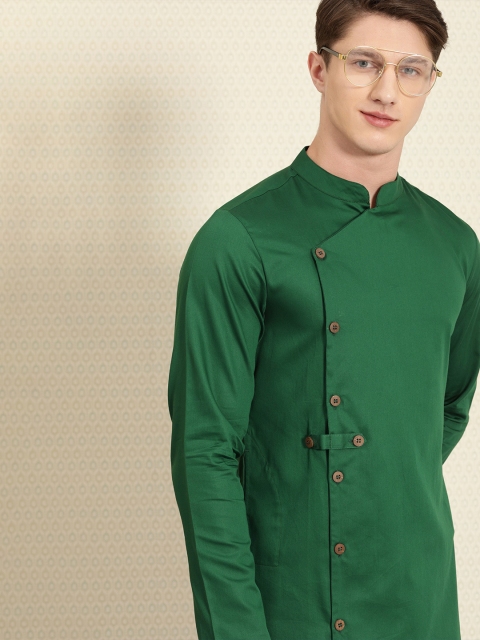 

House Of Pataudi Men Green Solid Angrakha Kurta