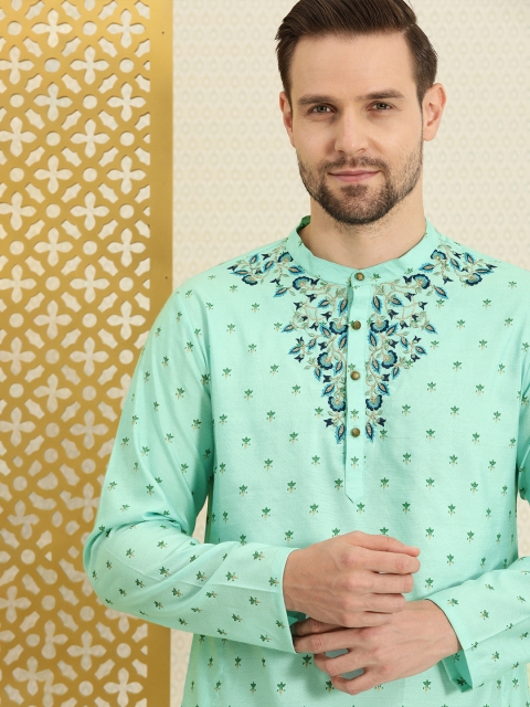 

House of Pataudi Men Sea Green Floral Printed Kurta with Embroidery