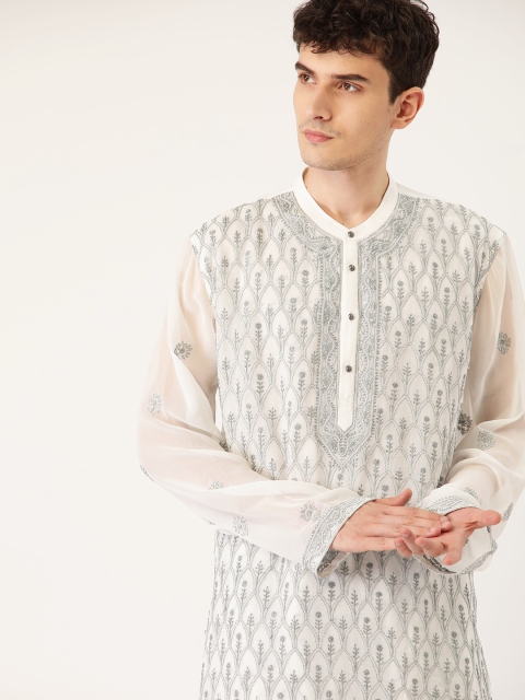 

House of Pataudi Men White & Grey Floral Meher Hand Embroidered Chikankari Kurta Set