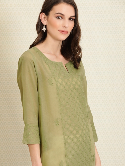 

House of Pataudi Olive Green Authentic Hand Embroidered Chikankari Kurta