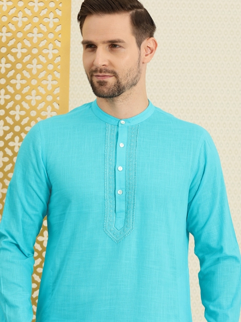 

House of Pataudi Men Blue Solid Authentic Hand Embroidered Chikankari kurta