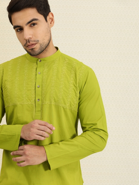 

House of Pataudi Men Green Floral Authentic Hand Embroidered Chikankari Kurta