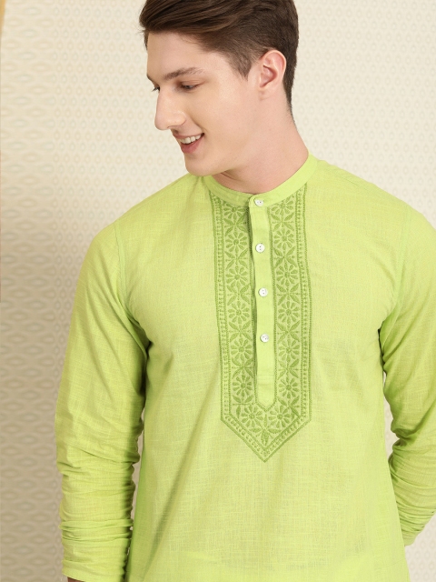

House Of Pataudi Men Green Solid Authentic Hand Embroidered Chikankari kurta