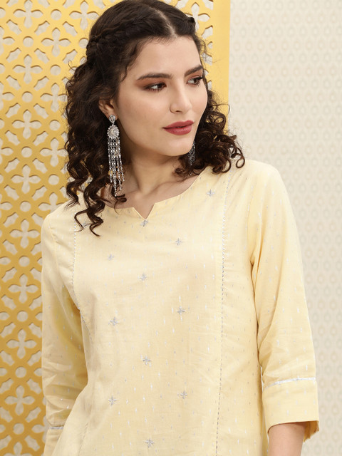 

House of Pataudi Women Yellow Floral Embroidered Thread Work Kurta
