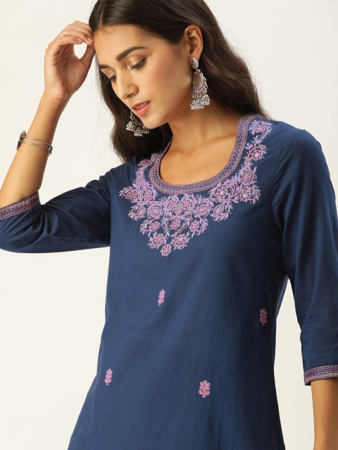 

House of Pataudi Women Navy Blue & Pink Floral Embroidered Mirror Work Floral Kurta