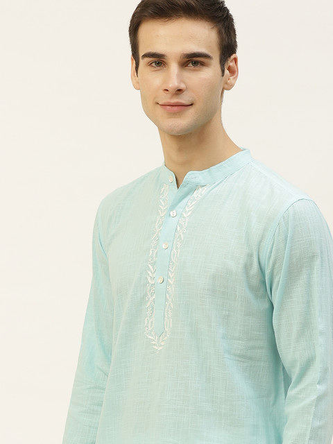 

House of Pataudi Men Blue Authentic Hand Embroidered Chikankari kurta