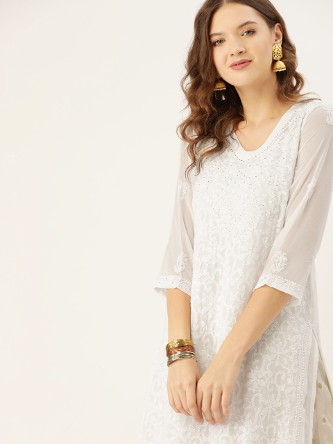 

House of Pataudi Women White Authentic Hand-Embroidered Chikankari Meher Straight Kurta