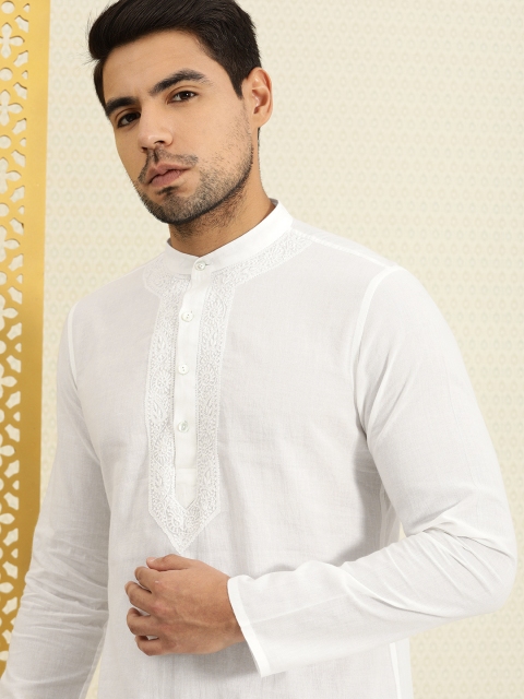 

House of Pataudi Men White Solid Authentic Hand Embroidered Chikankari kurta