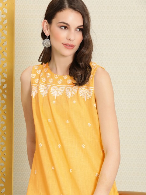 

House of Pataudi Women Mustard Yellow Cotton Authentic Hand Embroidered Chikankari Kurti