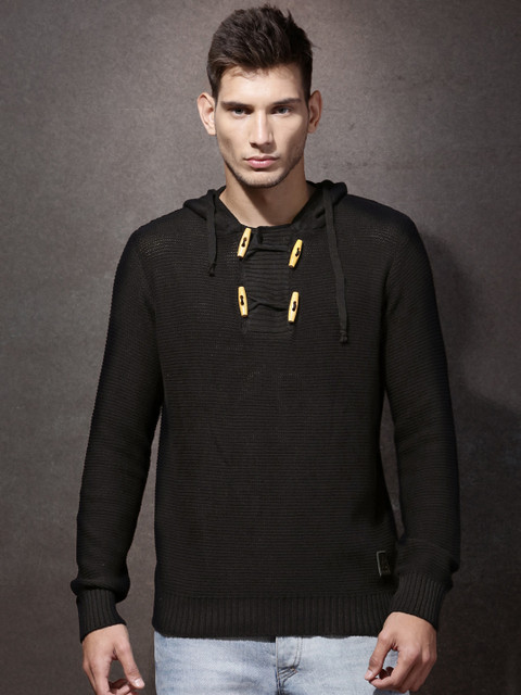 

RDSTR Men Black Hooded Self-Design Sweater