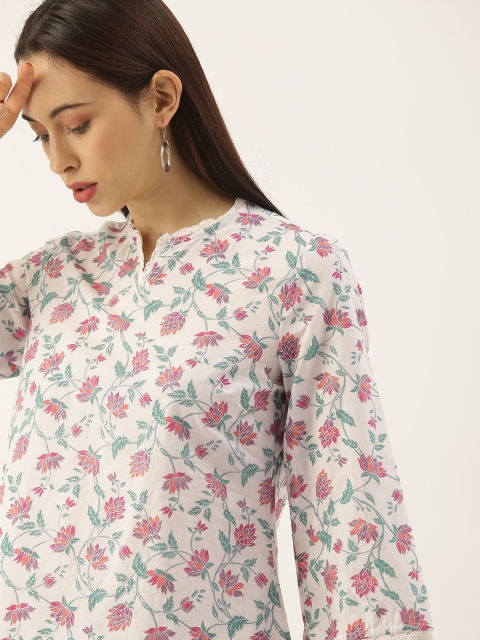 

House of Pataudi Women White & Red Floral Printed Relaxed Sleeves Kurti