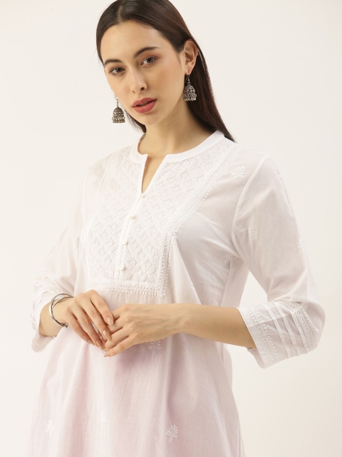 

House of Pataudi White Authentic Hand Embroidered Chikankari Pure Cotton Kurti