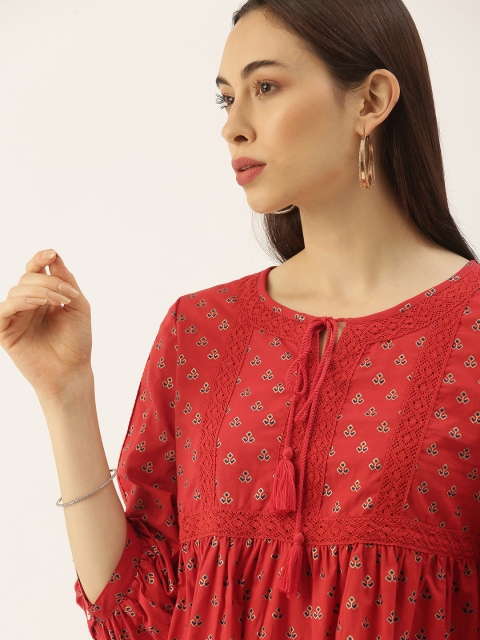 

House of Pataudi Women Red Printed Pure Cotton Waist Gathers Kurti