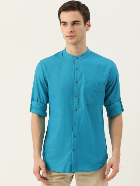 

House of Pataudi Men Turquoise Blue Pure Cotton Solid Rozana Shirt