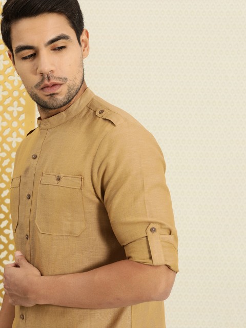 

House of Pataudi Men Khaki Regular Fit Solid Casual Shirt