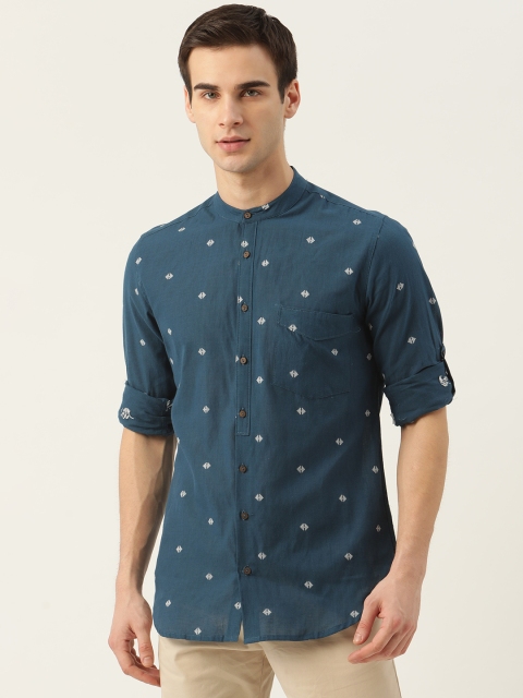 

House of Pataudi Men Navy Blue & White Pure Cotton Woven Design Rozana Shirt