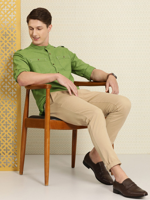 

House of Pataudi Men Lime Green Regular Fit Solid Casual Shirt