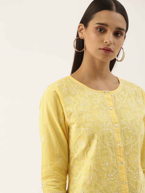 

House of Pataudi Women Yellow Cotton Authentic Hand-Embroidered Chikankari Regular Top