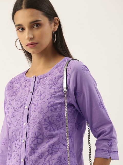 

House of Pataudi Women Purple Cotton Authentic Hand-Embroidered Chikankari Regular Top