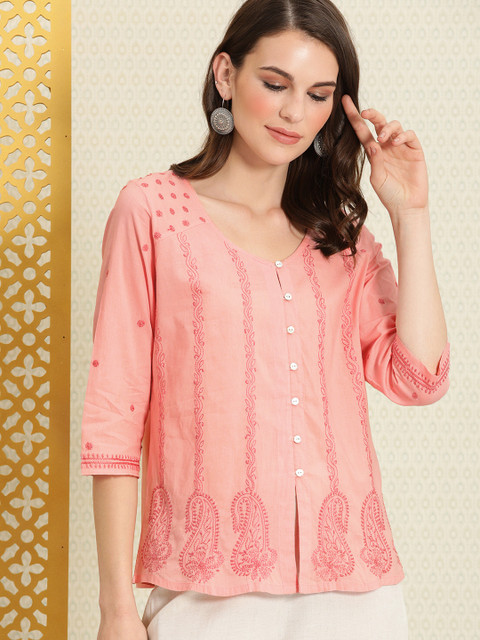 

House of Pataudi Peach-Coloured Authentic Hand Embroidered Chikankari Kurta