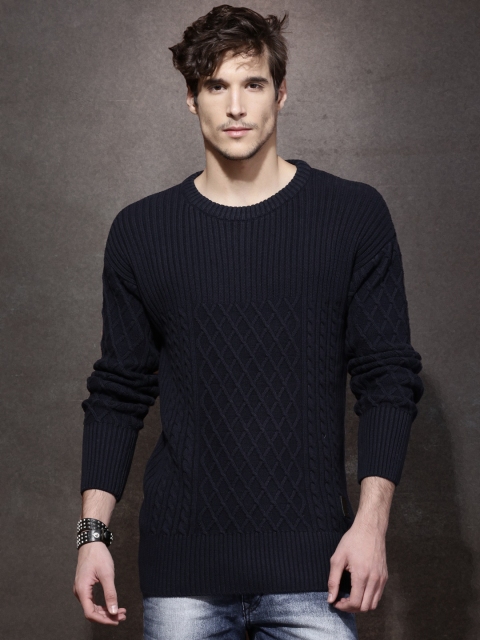 

Roadster Men Navy Patterned Sweater, Navy blue