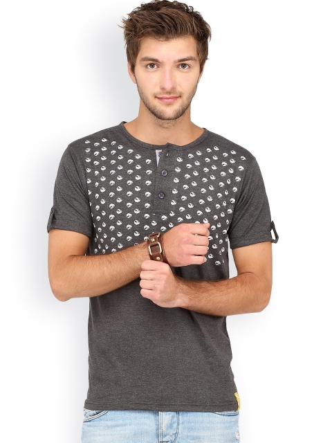 

Campus Sutra Charcoal Grey Printed Henley T-shirt