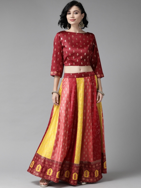 

Juniper Maroon & Yellow Ready to Wear Satin Lehenga with Blouse
