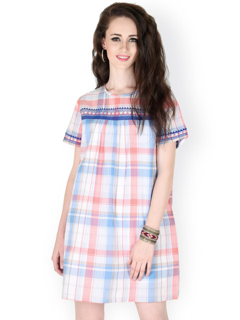 

SASSAFRAS Blue & Pink Checked Shift Dress