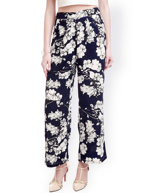

SASSAFRAS Navy Floral Print Relaxed Straight Leg Fit Palazzo Trousers, Navy blue
